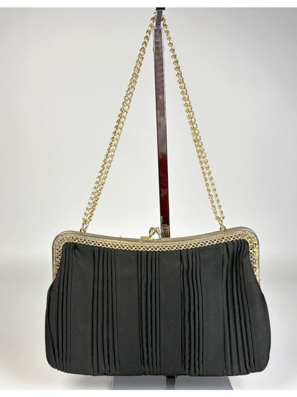 Vintage La Regale Black Pleated Evening Bag w Gold Chain Strap Made in Hong Kong